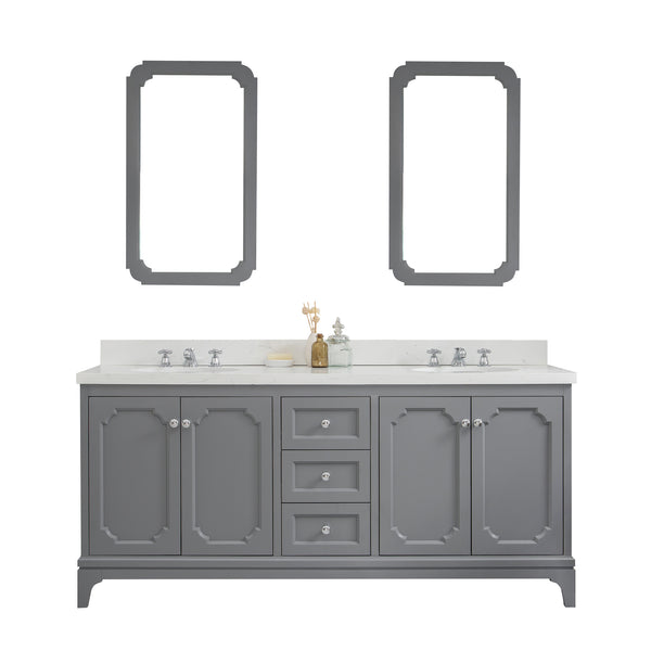 Queen 72-Inch Double Sink Quartz Carrara Vanity In Cashmere Grey With Matching Mirror(s) and F2-0009-01-BX Lavatory Faucet(s)