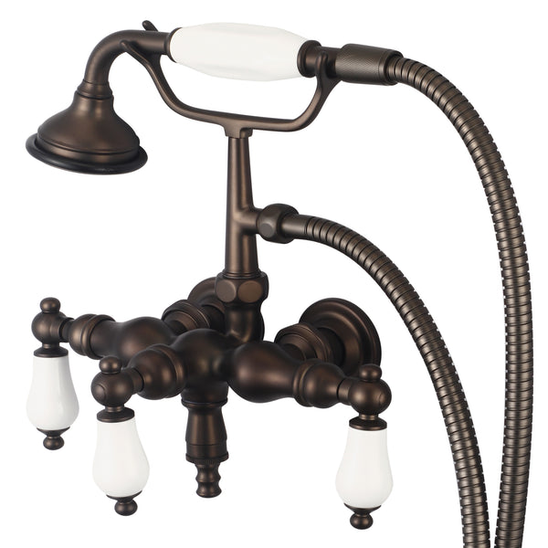 Vintage Classic 3.375 Inch Center Wall Mount Tub Faucet With Down Spout, Straight Wall Connector & Handheld Shower in Oil-rubbed Bronze Finish Finish With Porcelain Lever Handles Without labels