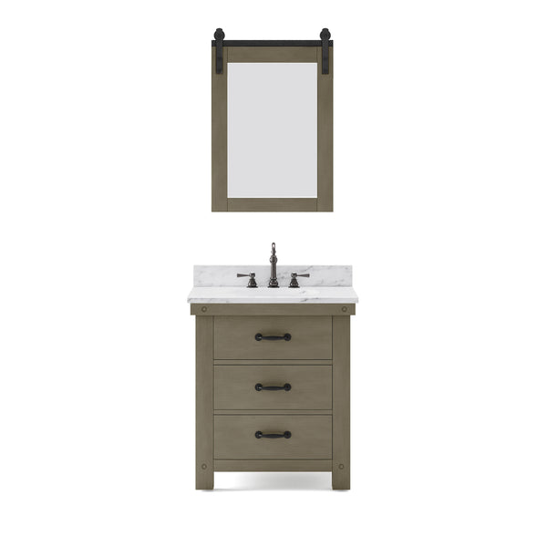 Aberdeen 30 In. Single Sink Carrara White Marble Countertop Vanity in Grizzle Gray with Hook Faucet and Mirror