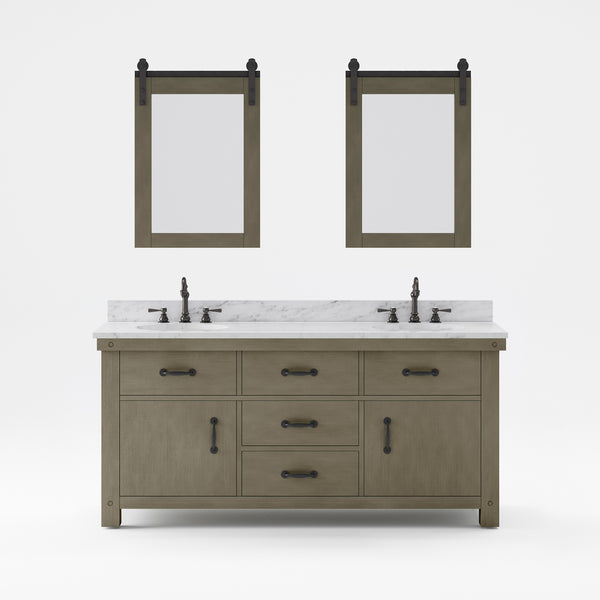 Aberdeen 72 In. Double Sink Carrara White Marble Countertop Vanity in Grizzle Gray with Hook Faucets and Mirrors