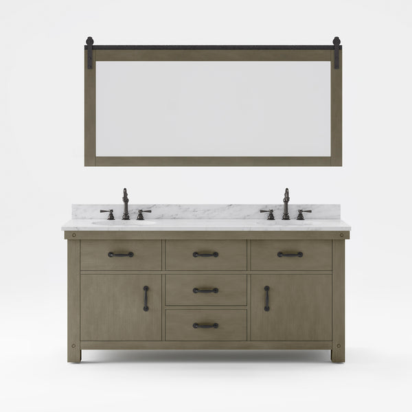 Aberdeen 72 In. Double Sink Carrara White Marble Countertop Vanity in Grizzle Gray with Hook Faucets and Mirror