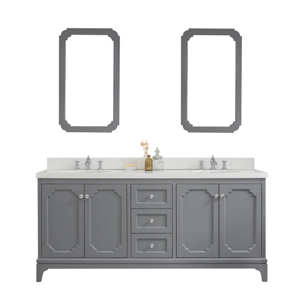 Queen 72-Inch Double Sink Quartz Carrara Vanity In Cashmere Grey With Matching Mirror(s) and F2-0013-01-FX Lavatory Faucet(s)