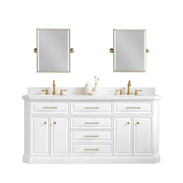 72" Palace Collection Quartz Carrara Pure White Bathroom Vanity Set With Hardware And F2-0012 Faucets in Satin Gold Finish And Only Mirrors in Chrome Finish